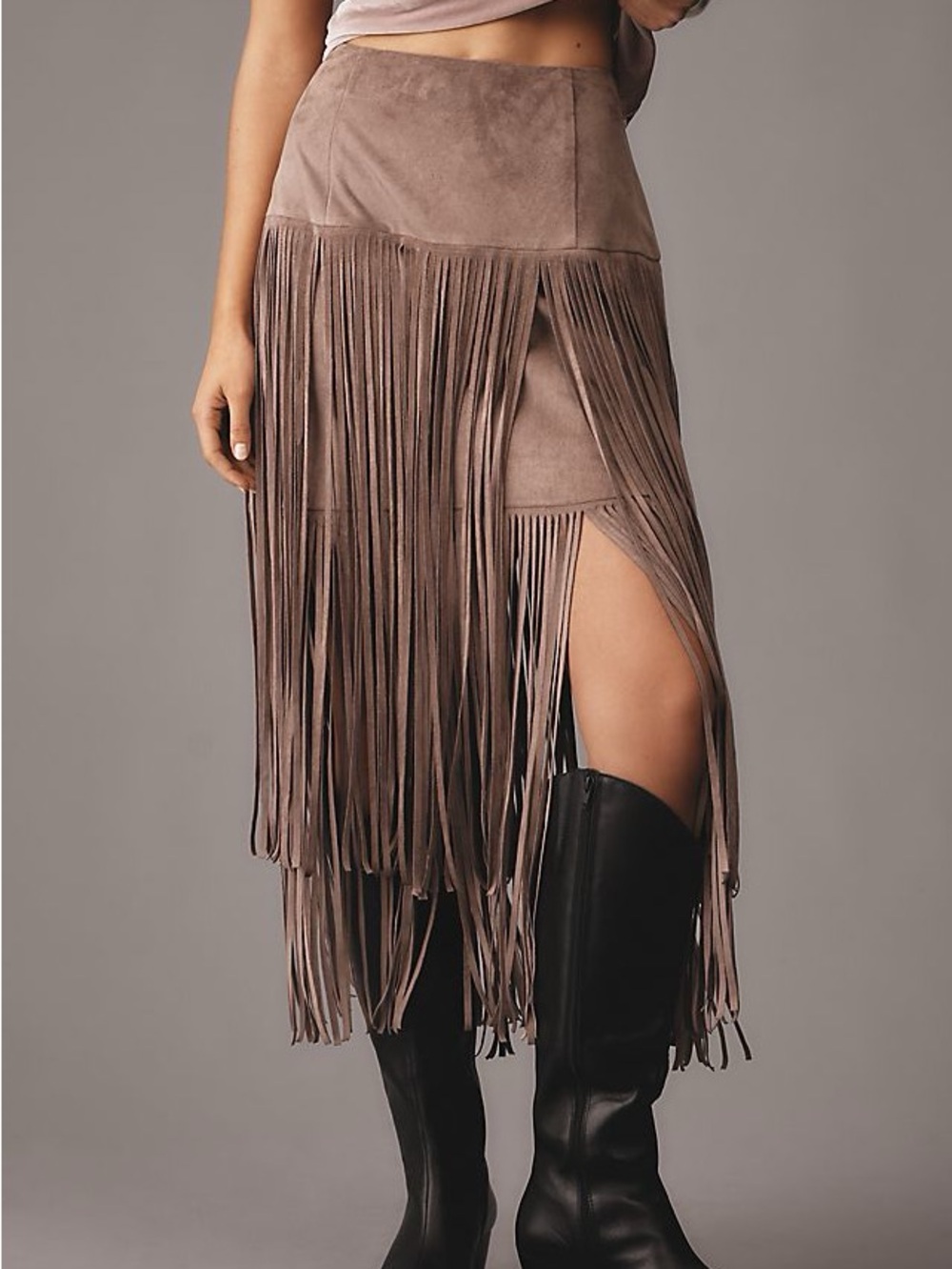 Fringe Suede Midi Skirt in Taupe by Mare Mare